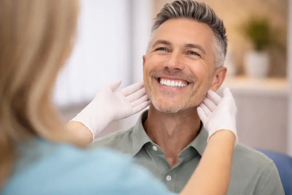 Homme souriant avec prothèse dentaire hybride à Lausanne, solution complète fixe et naturelle pour remplacer plusieurs dents