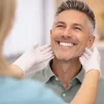 Homme souriant avec prothèse dentaire hybride à Lausanne, solution complète fixe et naturelle pour remplacer plusieurs dents